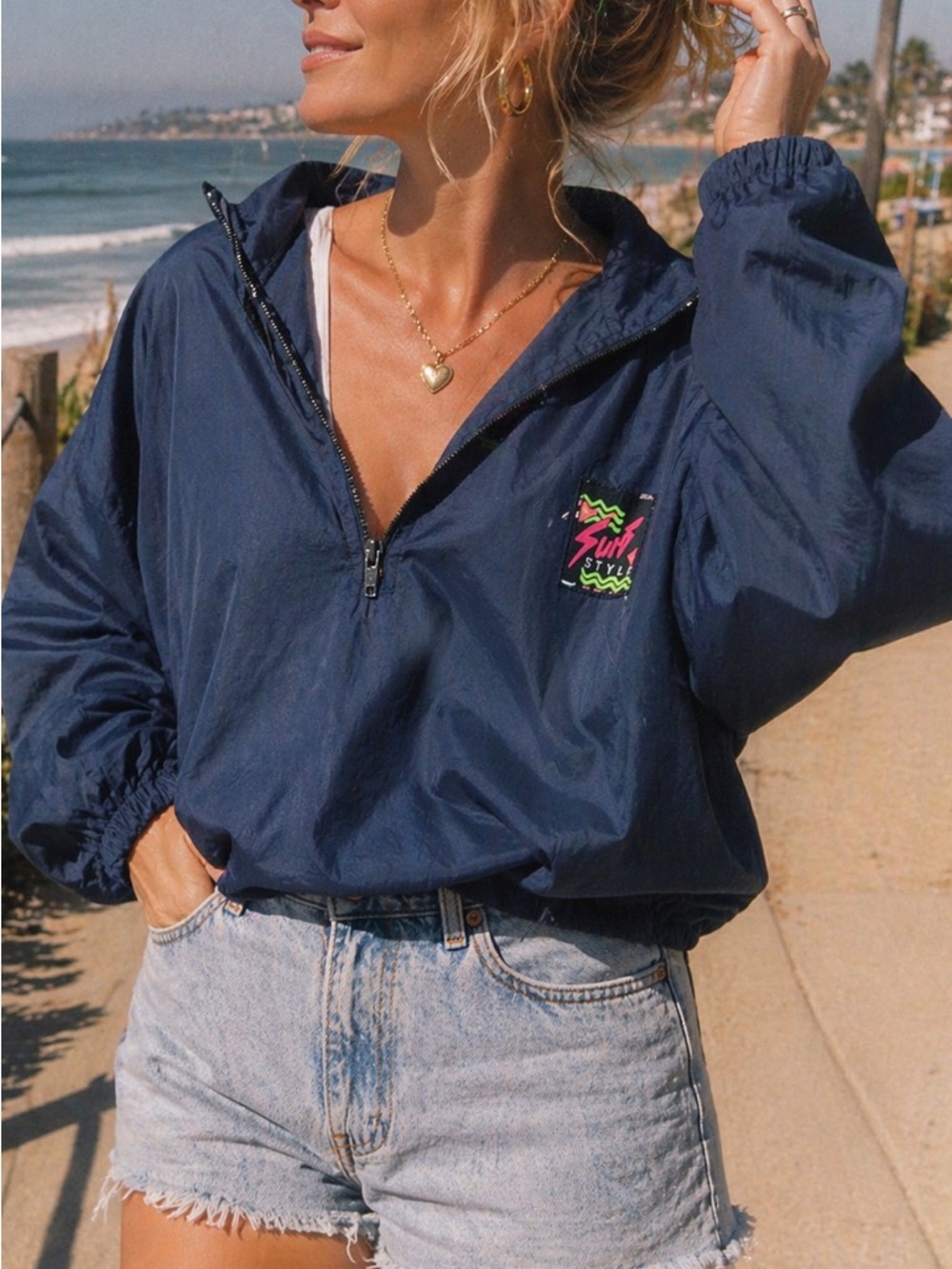 Vintage Surf Style Windbreaker Pullover Jacket XL Blue 90s Beach Oversized